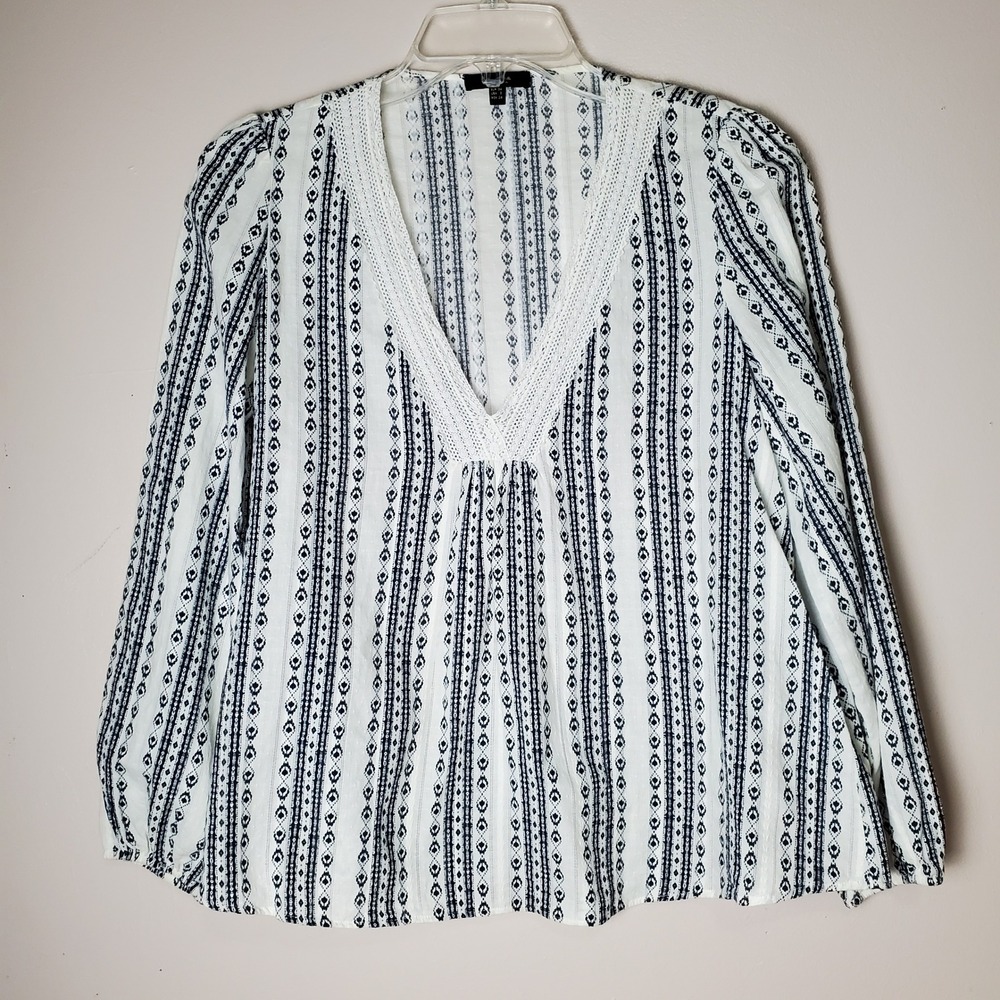 Massimo Dutti Blouse Size 2 Peasant Boho Chic Festival Cottagecore White Navy